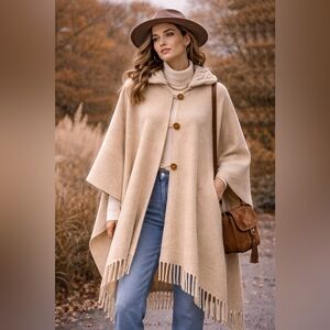 Vintage Handmade Beige Wool Poncho with Fringe O/S